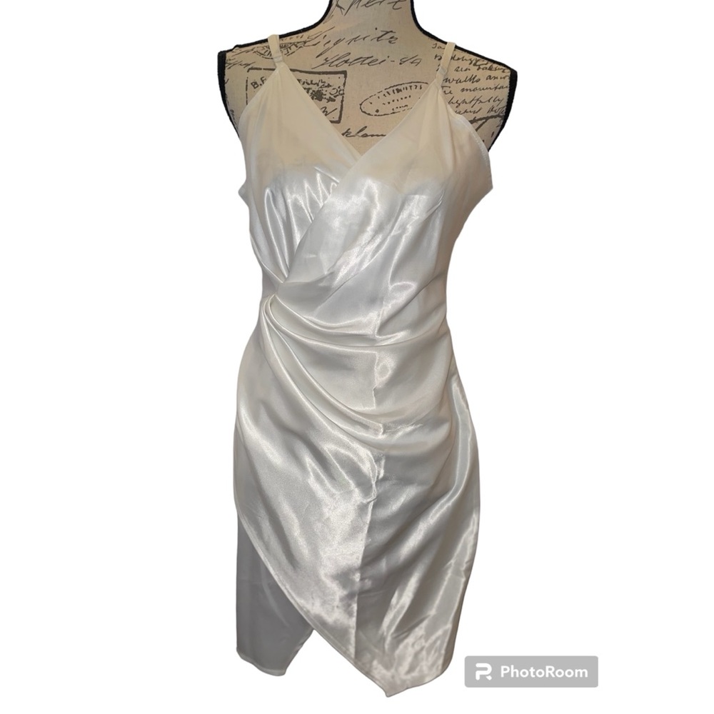 White Satin V-Neck Ruched Mini Dress Women’s Sleeveless Party, Cocktail Dress